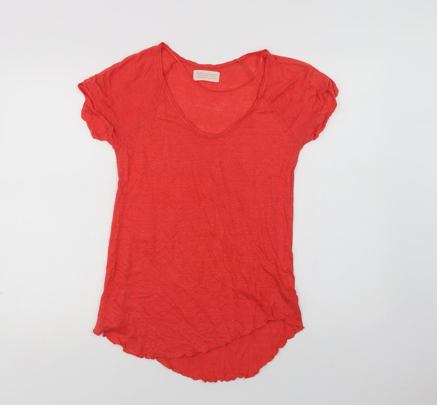 Zara Womens Red  Linen Basic T-Shirt Size S Scoop Neck