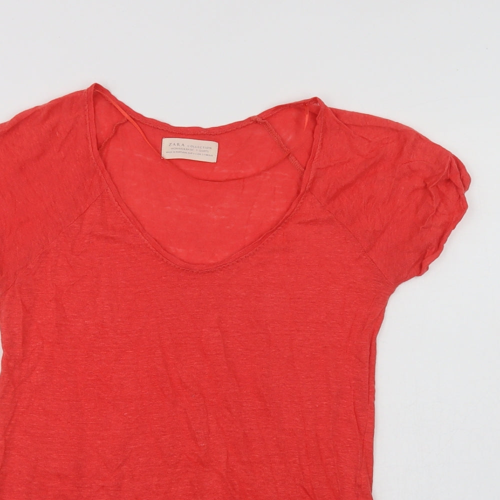 Zara Womens Red  Linen Basic T-Shirt Size S Scoop Neck