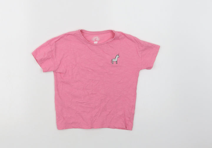 F&F Girls Pink Cotton Basic T-Shirt Size 5-6 Years Crew Neck - Unicorn