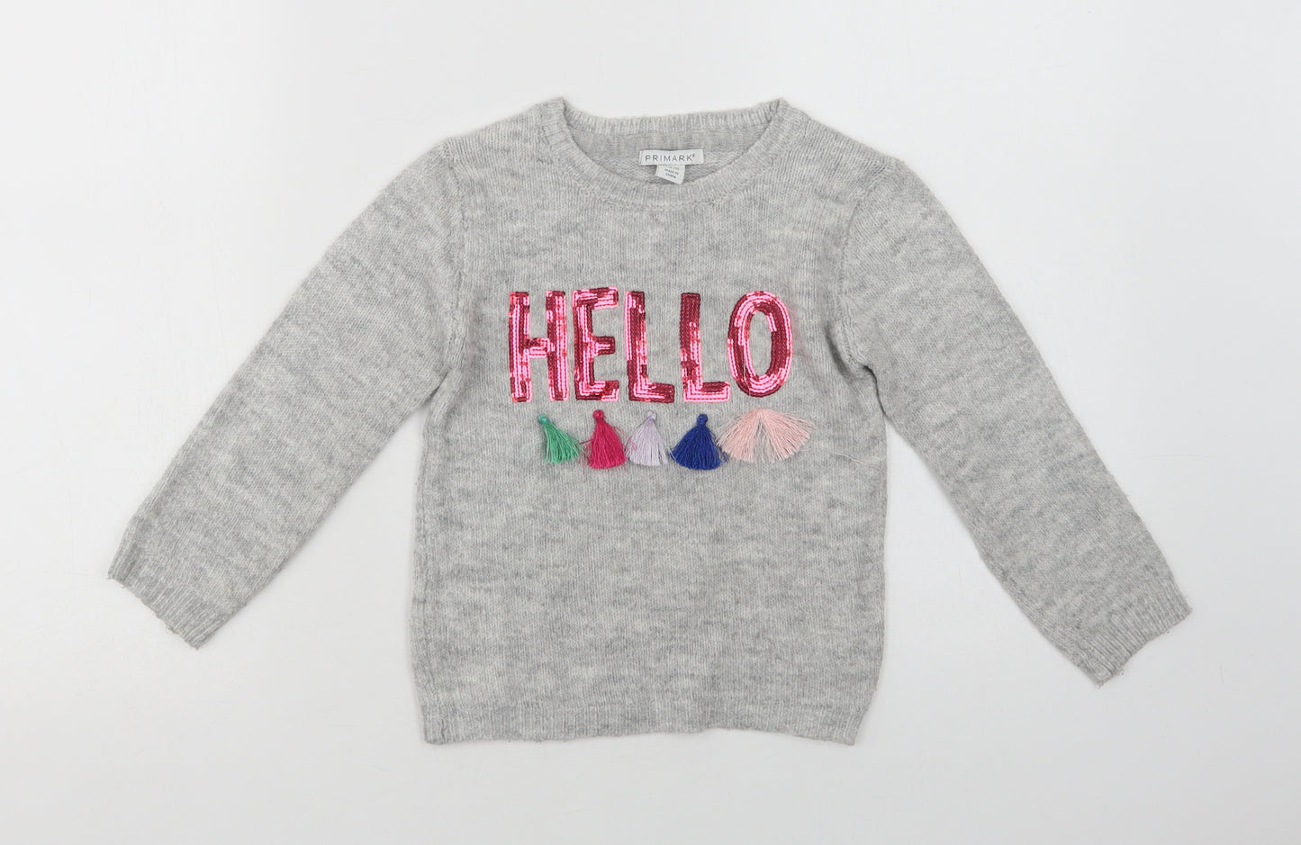 Primark Girls Grey Crew Neck  Acrylic Pullover Jumper Size 5-6 Years   - Hello