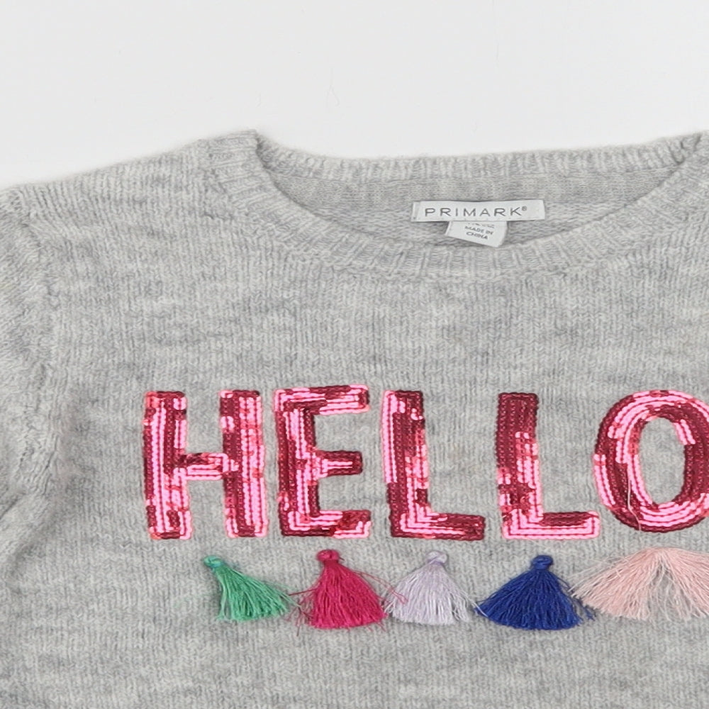 Primark Girls Grey Crew Neck  Acrylic Pullover Jumper Size 5-6 Years   - Hello