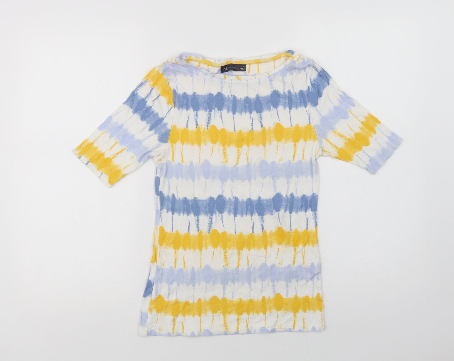 Marks and Spencer Womens Blue Striped Cotton Basic T-Shirt Size 8 Crew Neck