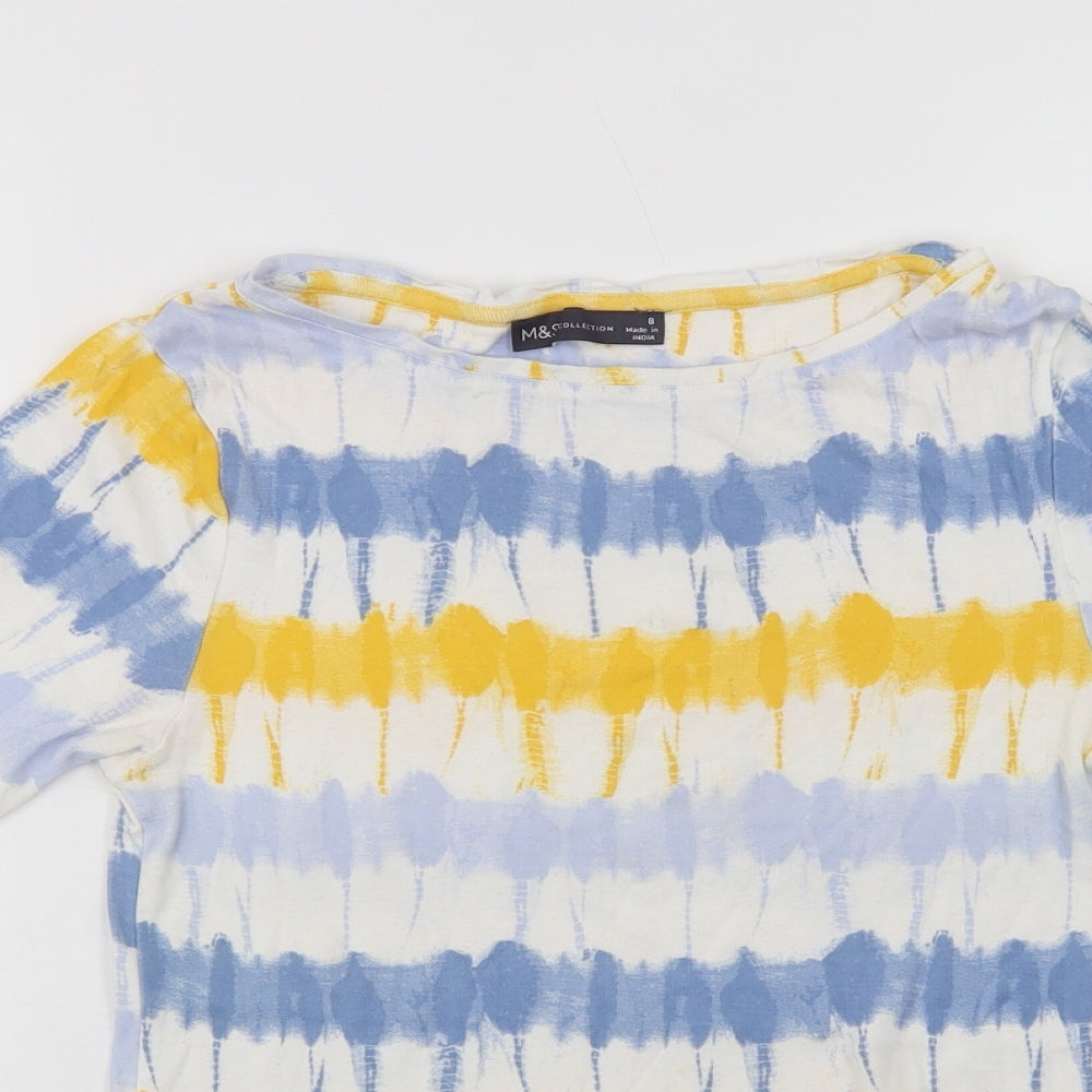Marks and Spencer Womens Blue Striped Cotton Basic T-Shirt Size 8 Crew Neck