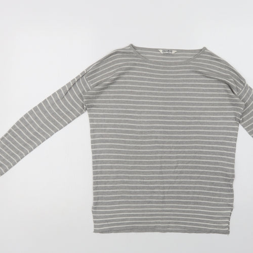 Pull & Bear Womens Grey Crew Neck Striped Acrylic Pullover Jumper Size S