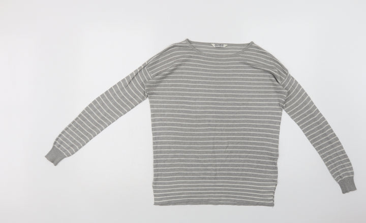 Pull & Bear Womens Grey Crew Neck Striped Acrylic Pullover Jumper Size S
