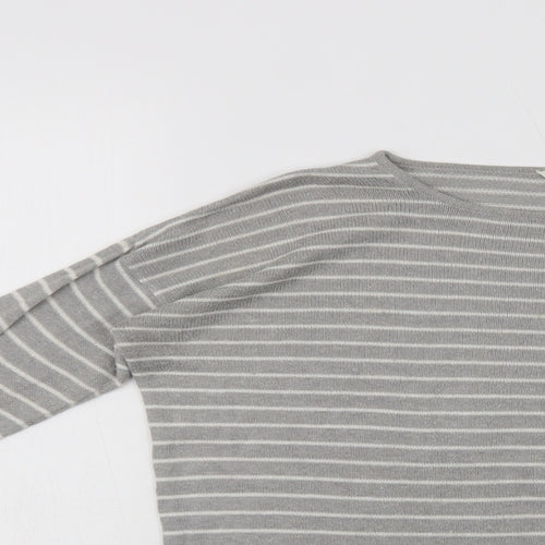 Pull & Bear Womens Grey Crew Neck Striped Acrylic Pullover Jumper Size S