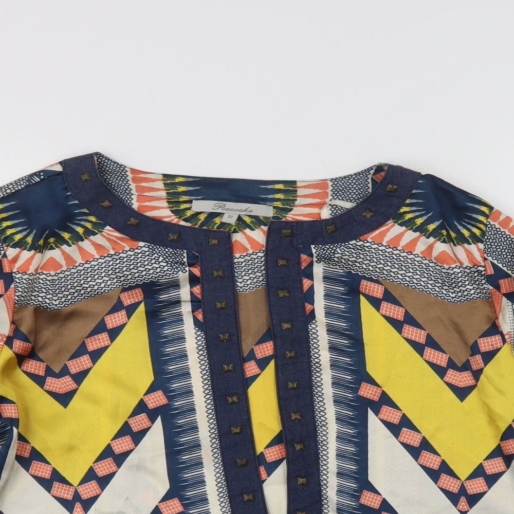 Peacocks Womens Multicoloured Geometric Polyester Kimono Blouse Size 12 Round Neck