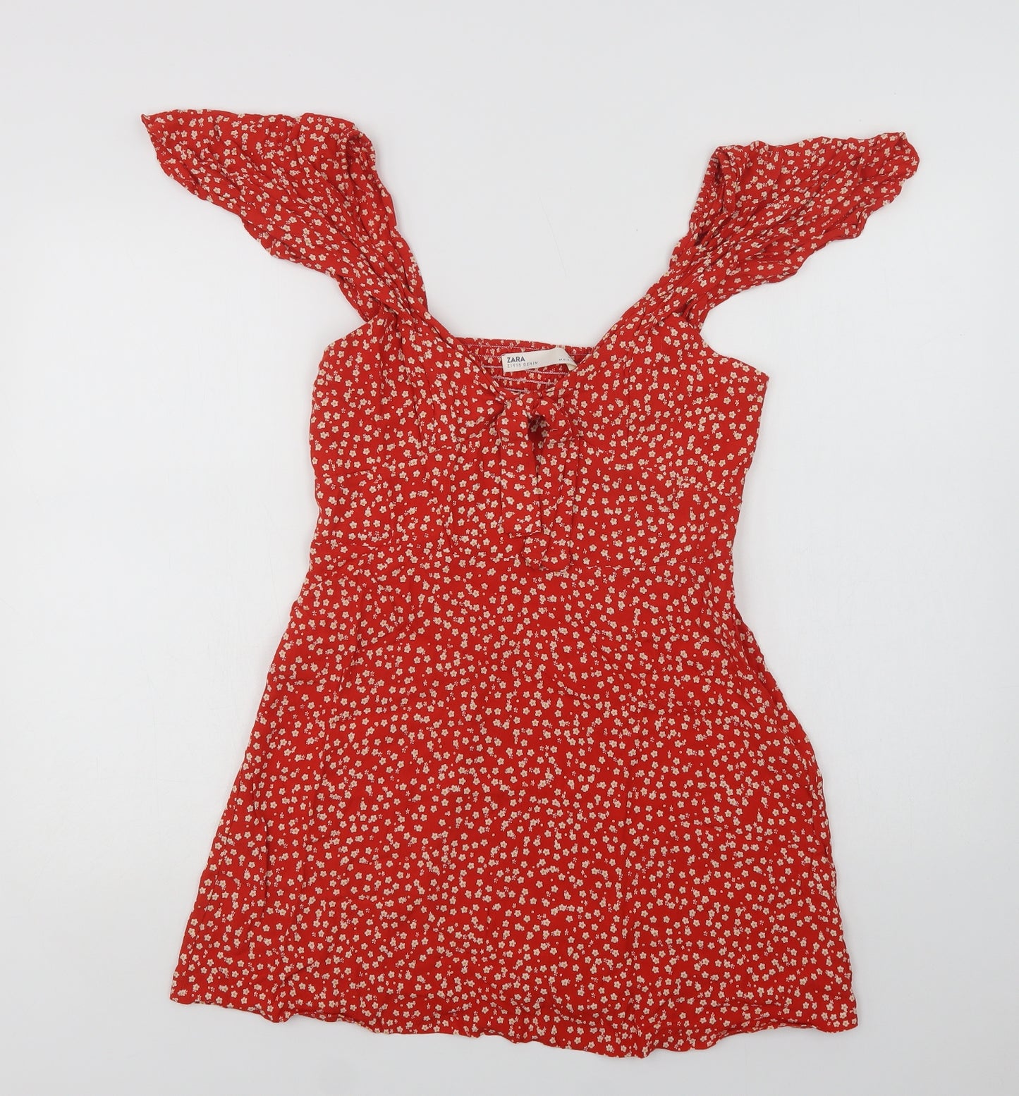 Zara Womens Red Floral Viscose Mini  Size L  V-Neck Zip