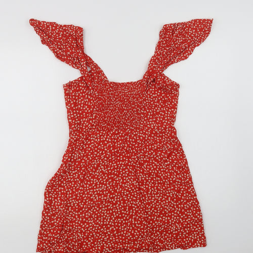 Zara Womens Red Floral Viscose Mini  Size L  V-Neck Zip