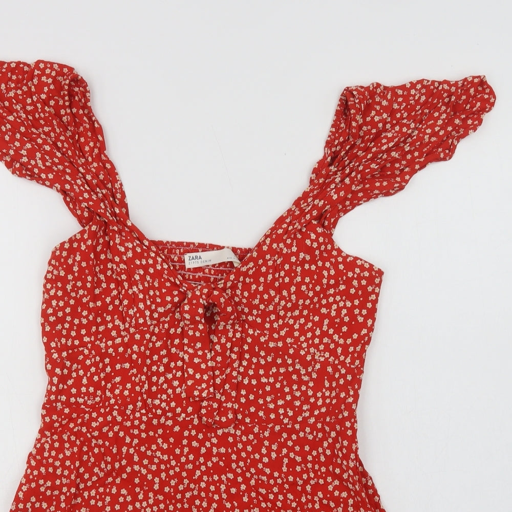 Zara Womens Red Floral Viscose Mini  Size L  V-Neck Zip