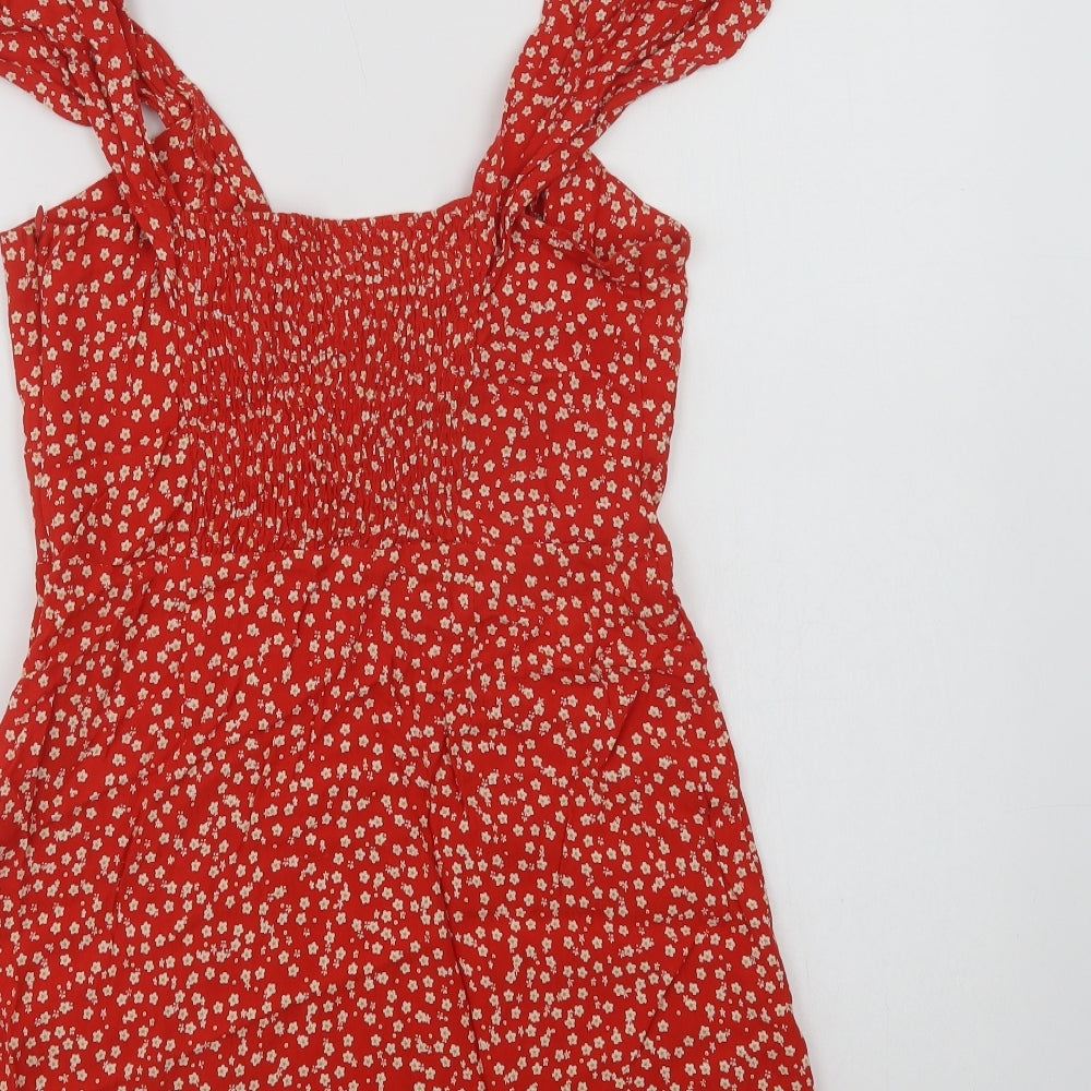 Zara Womens Red Floral Viscose Mini  Size L  V-Neck Zip