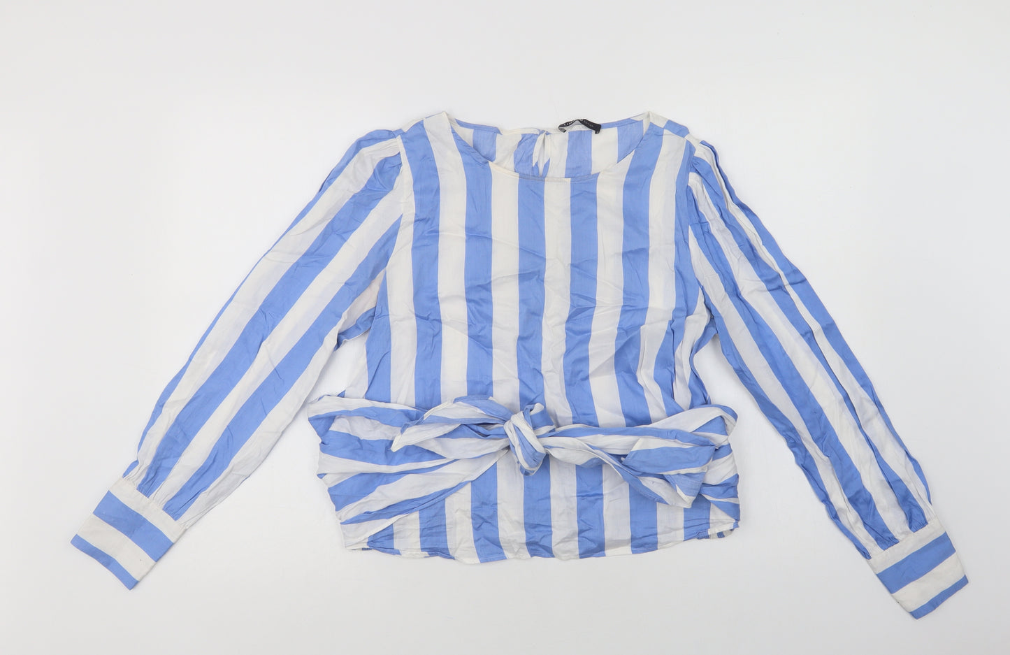 Marks and Spencer Womens Blue Striped Cotton Basic Blouse Size 12 Round Neck
