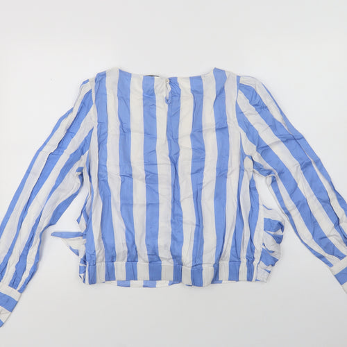 Marks and Spencer Womens Blue Striped Cotton Basic Blouse Size 12 Round Neck