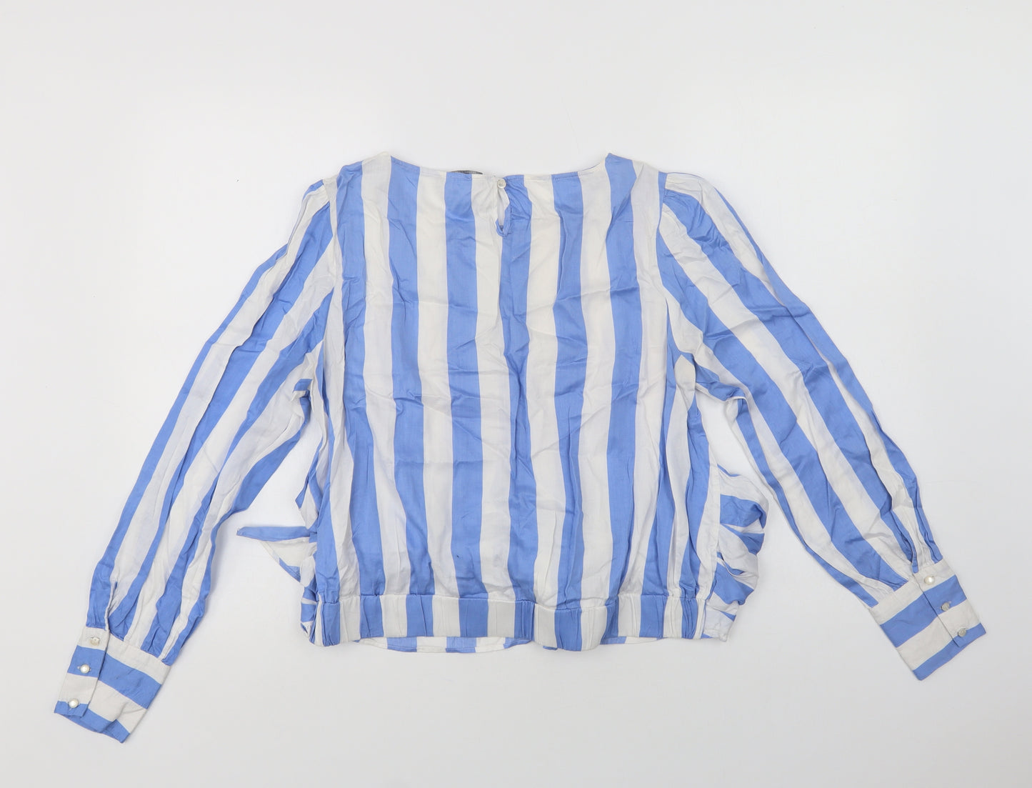 Marks and Spencer Womens Blue Striped Cotton Basic Blouse Size 12 Round Neck
