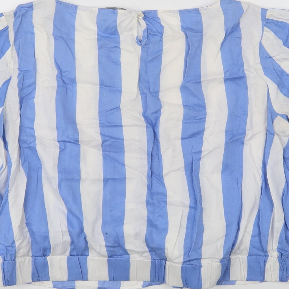 Marks and Spencer Womens Blue Striped Cotton Basic Blouse Size 12 Round Neck