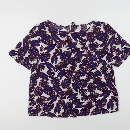 H&M Womens Purple Floral Viscose Basic Blouse Size 8 Crew Neck
