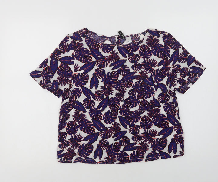 H&M Womens Purple Floral Viscose Basic Blouse Size 8 Crew Neck