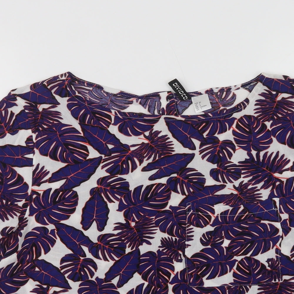 H&M Womens Purple Floral Viscose Basic Blouse Size 8 Crew Neck