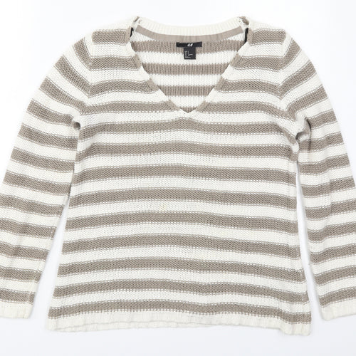 H&M Womens Beige V-Neck Striped Cotton Pullover Jumper Size S