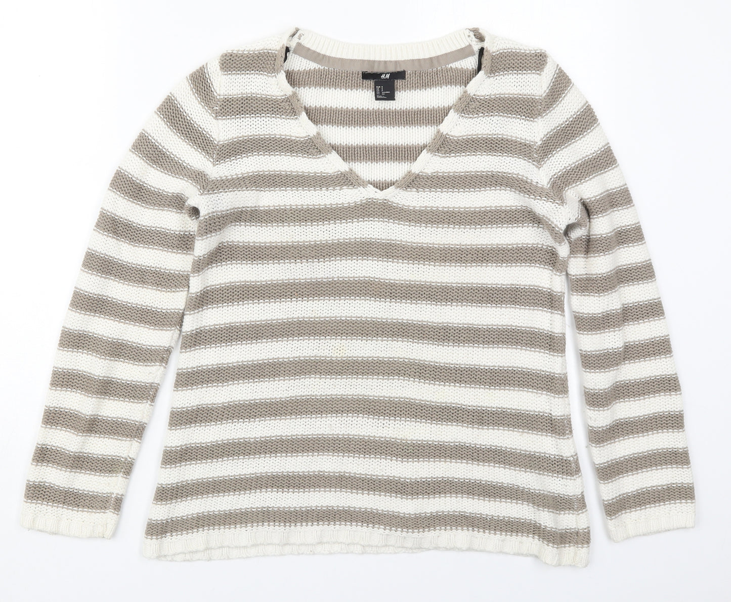 H&M Womens Beige V-Neck Striped Cotton Pullover Jumper Size S
