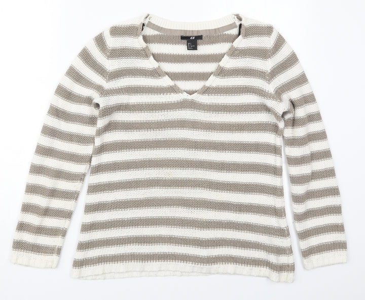 H&M Womens Beige V-Neck Striped Cotton Pullover Jumper Size S