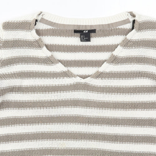 H&M Womens Beige V-Neck Striped Cotton Pullover Jumper Size S