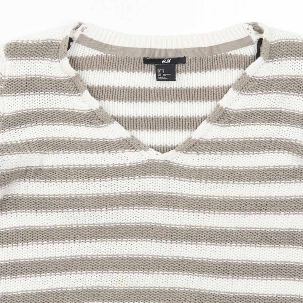 H&M Womens Beige V-Neck Striped Cotton Pullover Jumper Size S