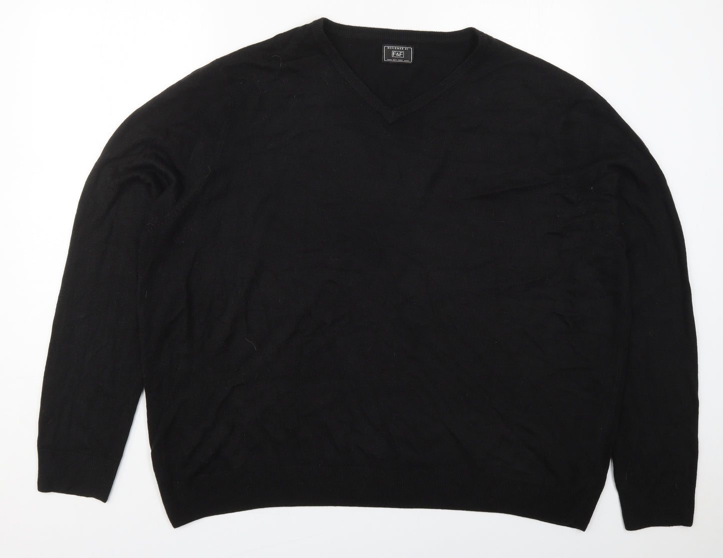 F&F Mens Black V-Neck  Acrylic Pullover Jumper Size 3XL