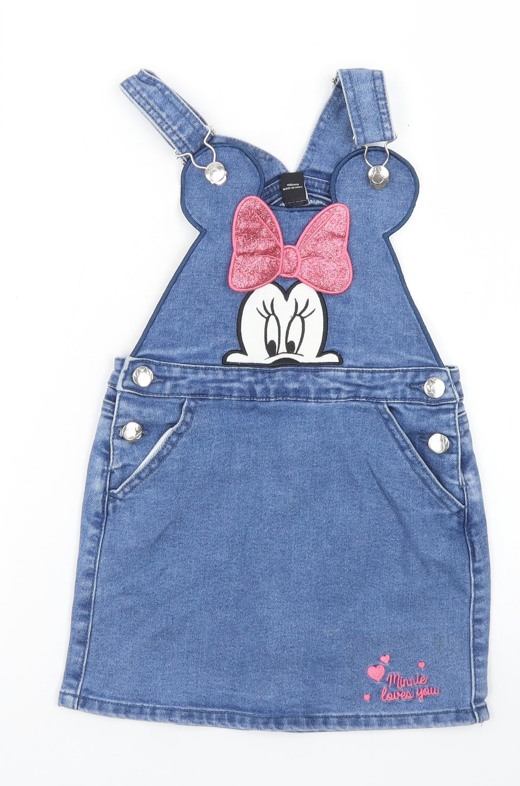 Primark Girls Blue  Cotton Pinafore/Dungaree Dress  Size 4-5 Years  Square Neck Button - Minnie Mouse