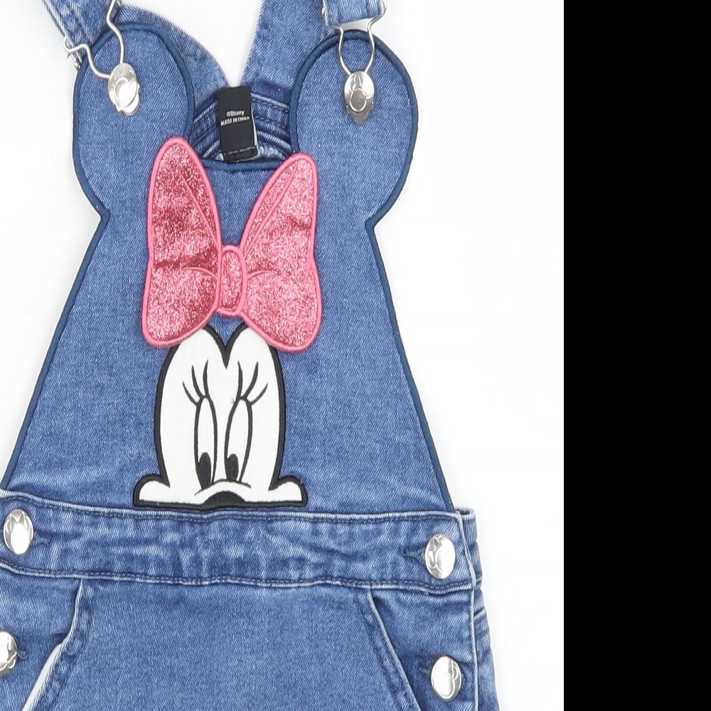 Primark Girls Blue  Cotton Pinafore/Dungaree Dress  Size 4-5 Years  Square Neck Button - Minnie Mouse