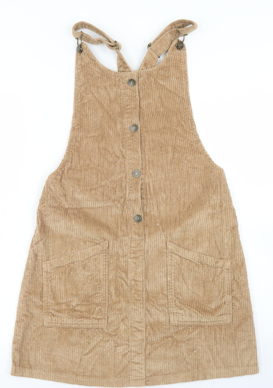F&F Girls Brown  Cotton Pinafore/Dungaree Dress  Size 13-14 Years  Square Neck Button