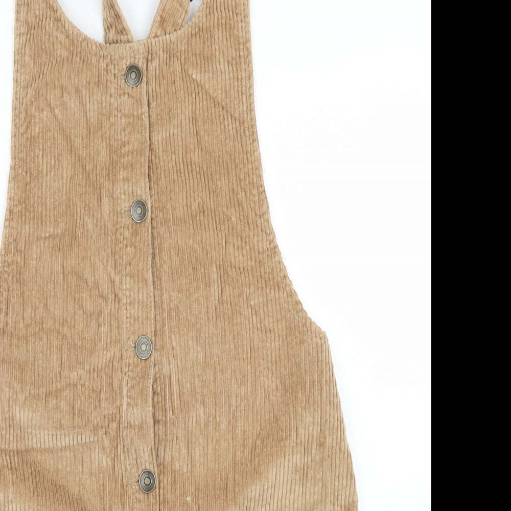 F&F Girls Brown  Cotton Pinafore/Dungaree Dress  Size 13-14 Years  Square Neck Button