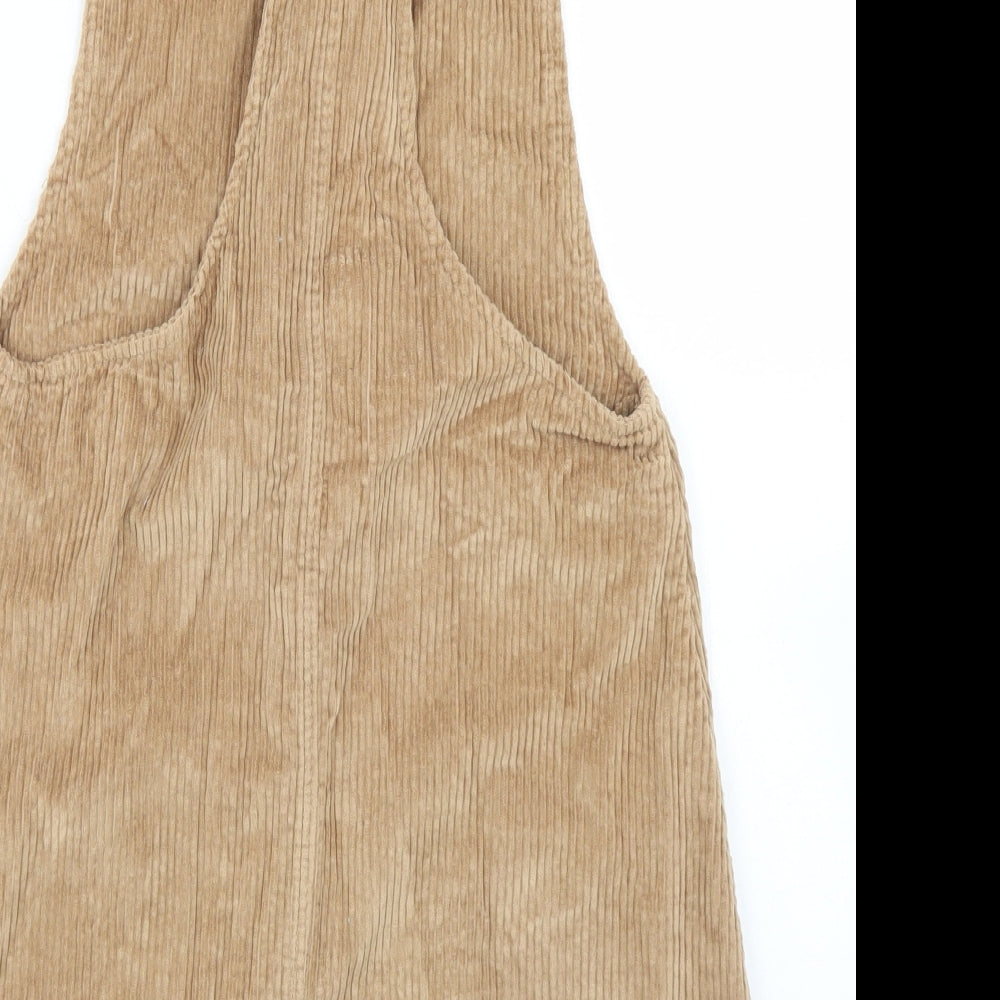 F&F Girls Brown  Cotton Pinafore/Dungaree Dress  Size 13-14 Years  Square Neck Button