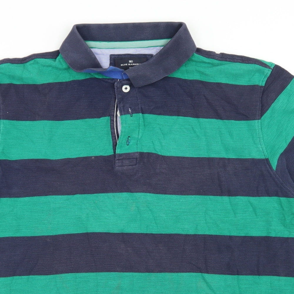 Blue Harbour Mens Blue Striped Cotton  Polo Size XL Collared Button