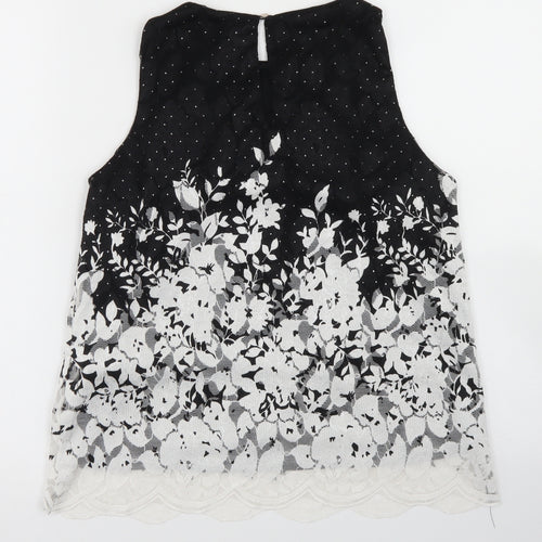 F&F Womens Black Floral Polyester Basic Blouse Size 8 Round Neck - Lace Overlay, Scalloped edging