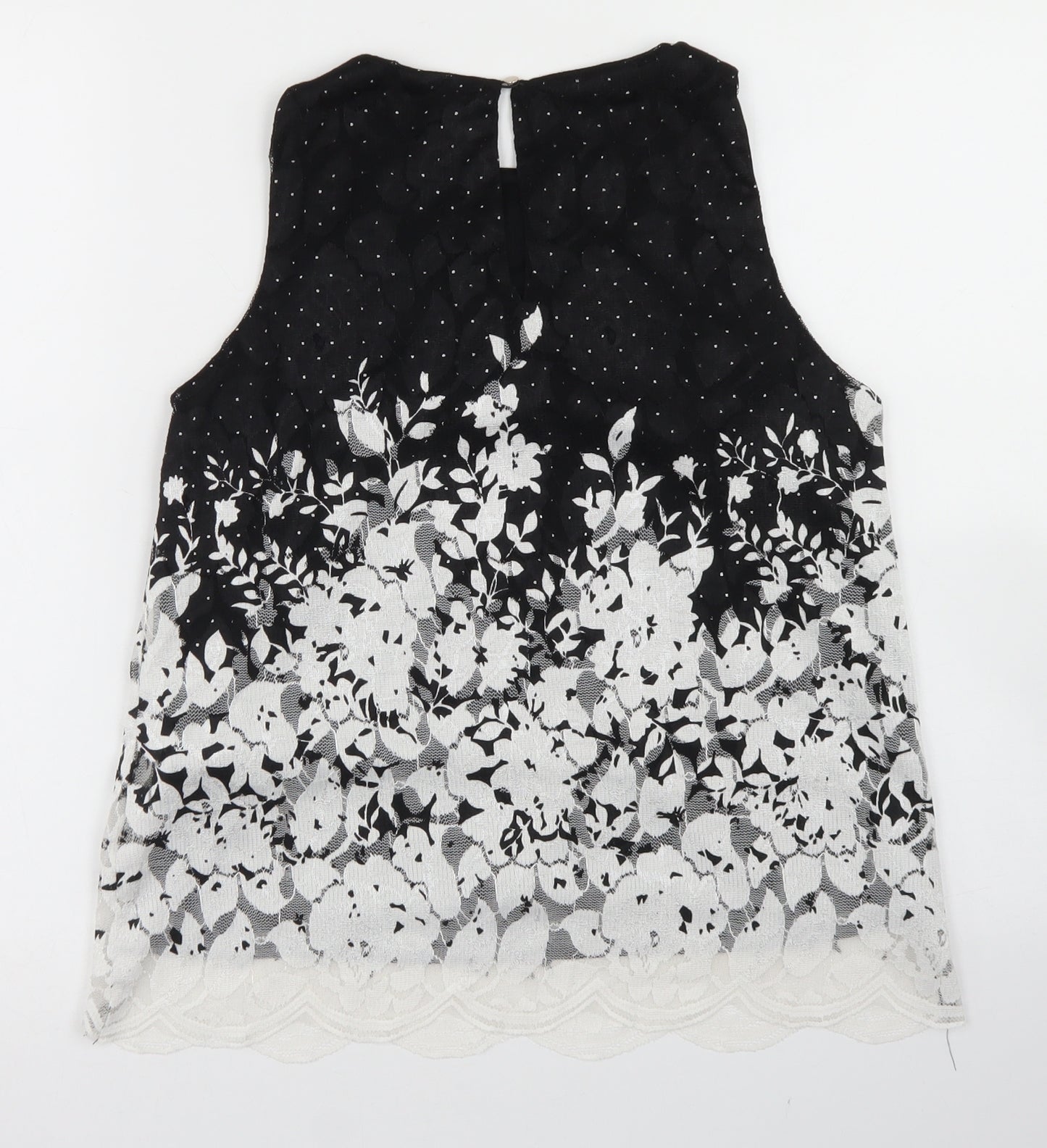 F&F Womens Black Floral Polyester Basic Blouse Size 8 Round Neck - Lace Overlay, Scalloped edging