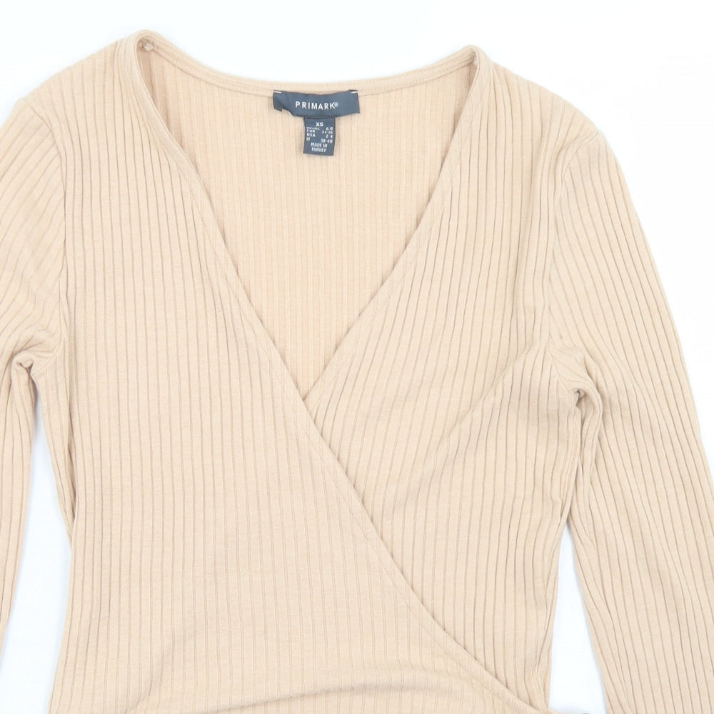 Primark Womens Beige  Polyester Cropped T-Shirt Size XS V-Neck