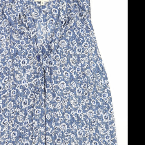 Papaya Womens Blue Floral Polyester Basic Blouse Size 8 Round Neck - Tie Neck