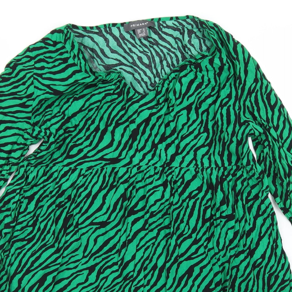 Primark Womens Green Animal Print Polyester Skater Dress  Size 12  V-Neck