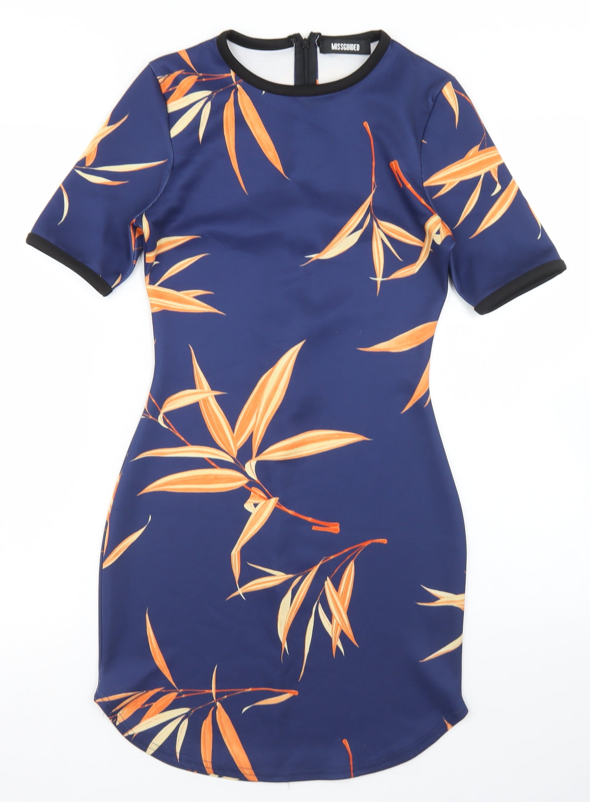Missguided Womens Blue Floral Polyester Bodycon  Size 8  Round Neck Zip - Leaf Print