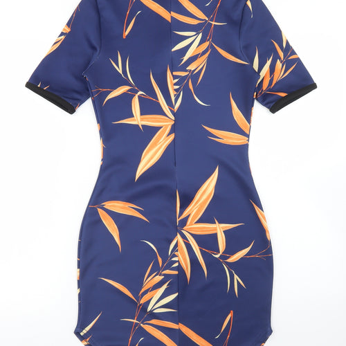Missguided Womens Blue Floral Polyester Bodycon  Size 8  Round Neck Zip - Leaf Print