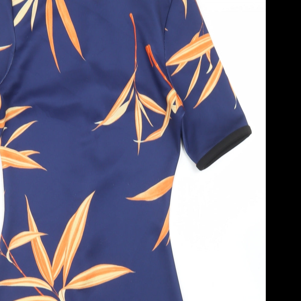 Missguided Womens Blue Floral Polyester Bodycon  Size 8  Round Neck Zip - Leaf Print