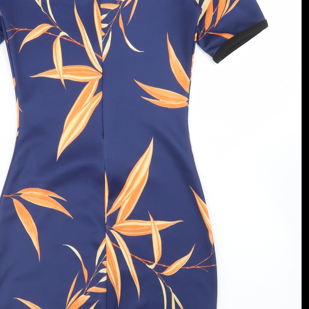 Missguided Womens Blue Floral Polyester Bodycon  Size 8  Round Neck Zip - Leaf Print