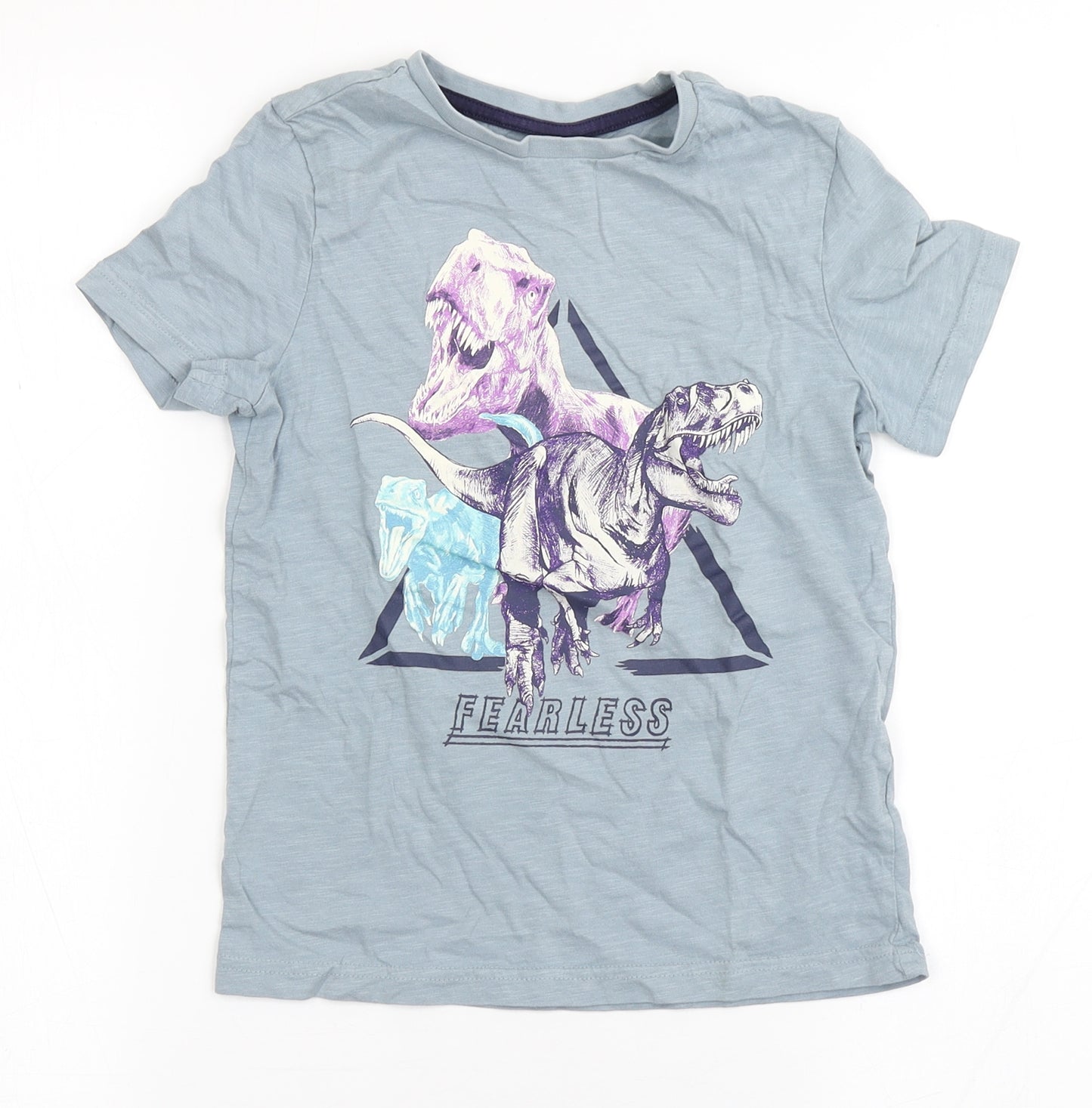 F&F Boys Blue  100% Cotton Basic T-Shirt Size 6-7 Years Round Neck  - Dinosaur