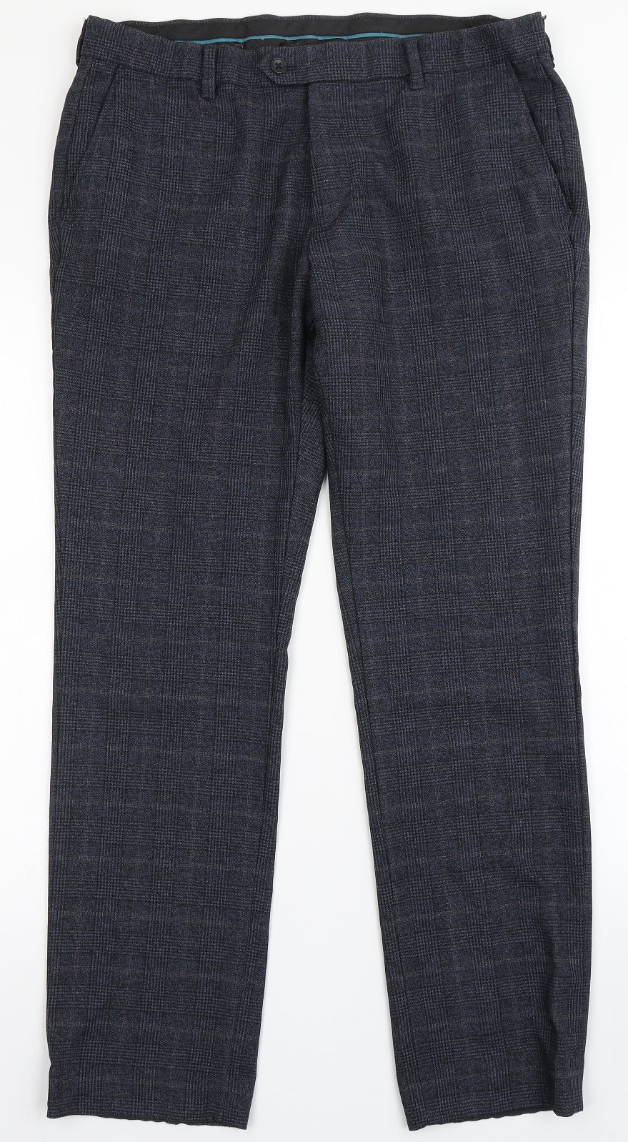 NEXT Mens Blue Check Polyester Dress Pants Trousers Size 36 L30 in Regular Button