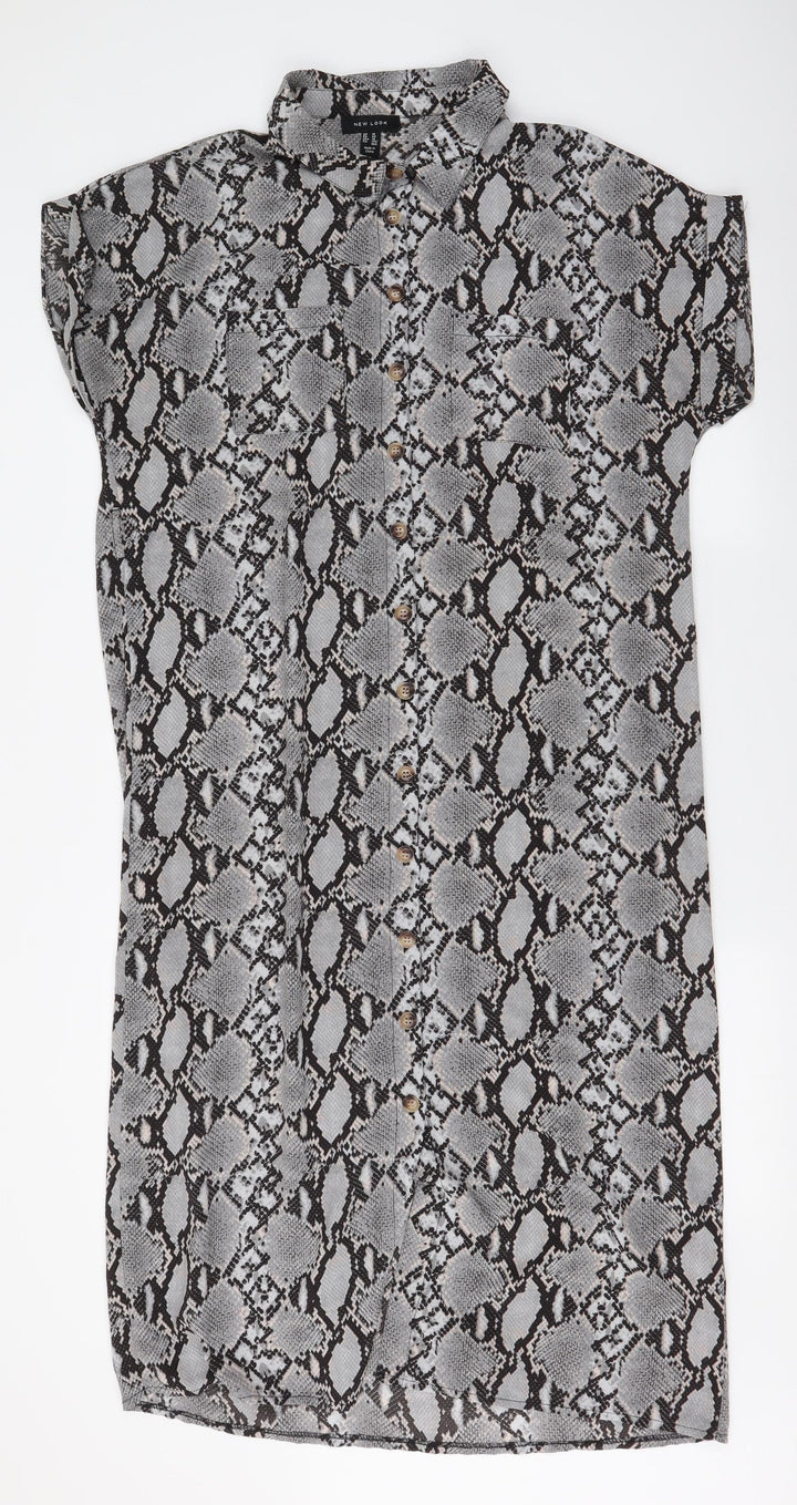 New Look Womens Grey Animal Print Polyester Maxi Size 14 Collared Button