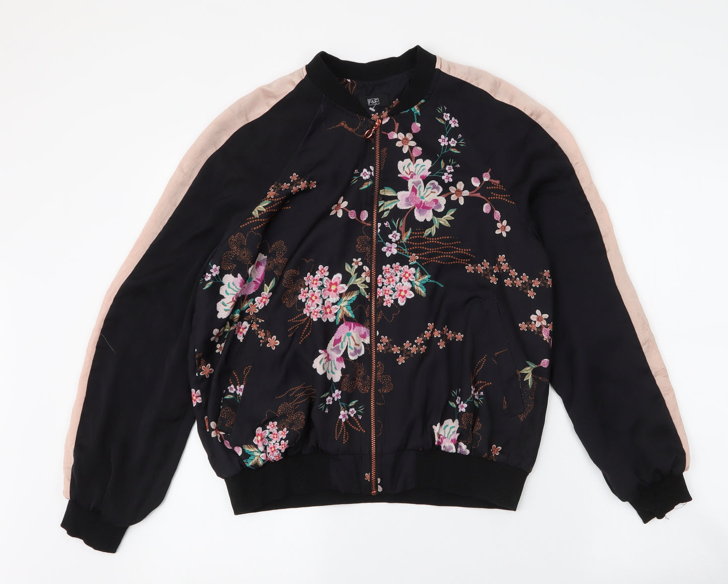 F&F Womens Black Floral  Bomber Jacket Jacket Size 12  Zip