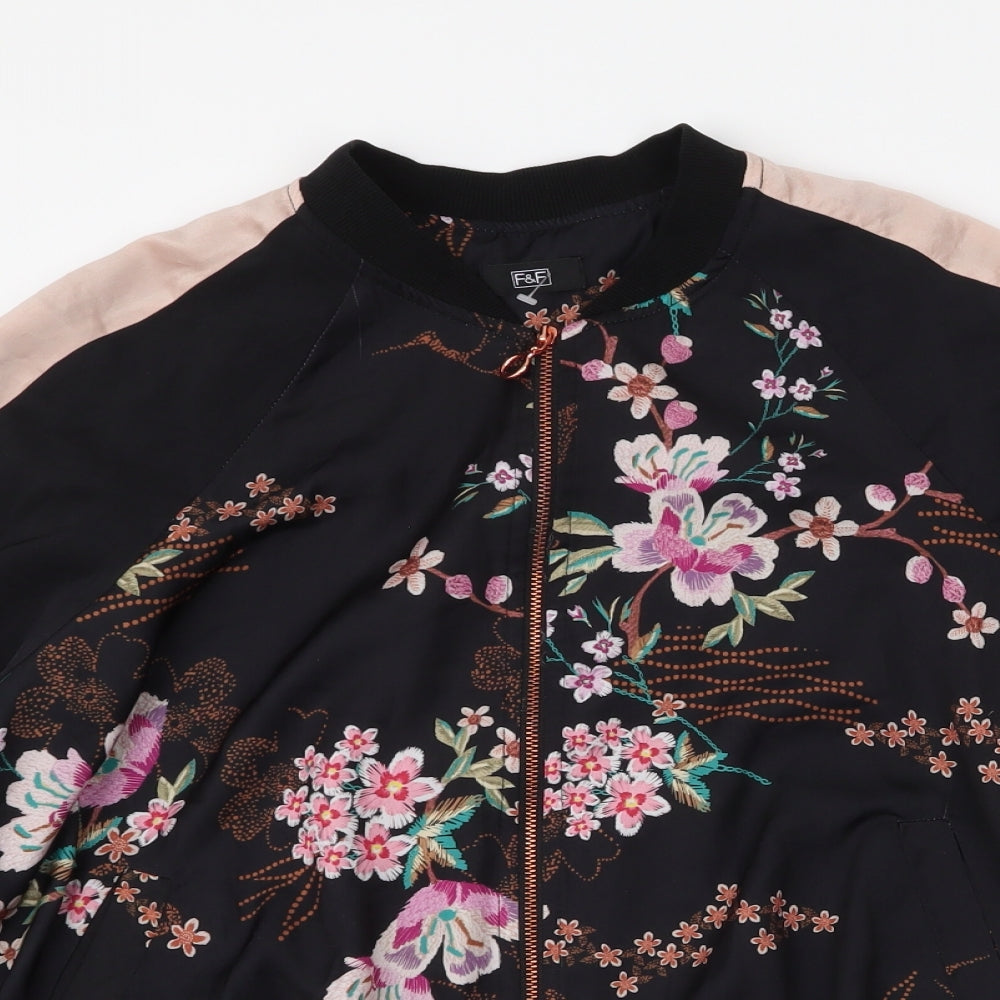 F&F Womens Black Floral  Bomber Jacket Jacket Size 12  Zip