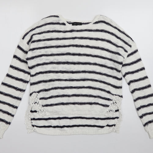 New Look Womens White Round Neck Striped Cotton Pullover Jumper Size 8