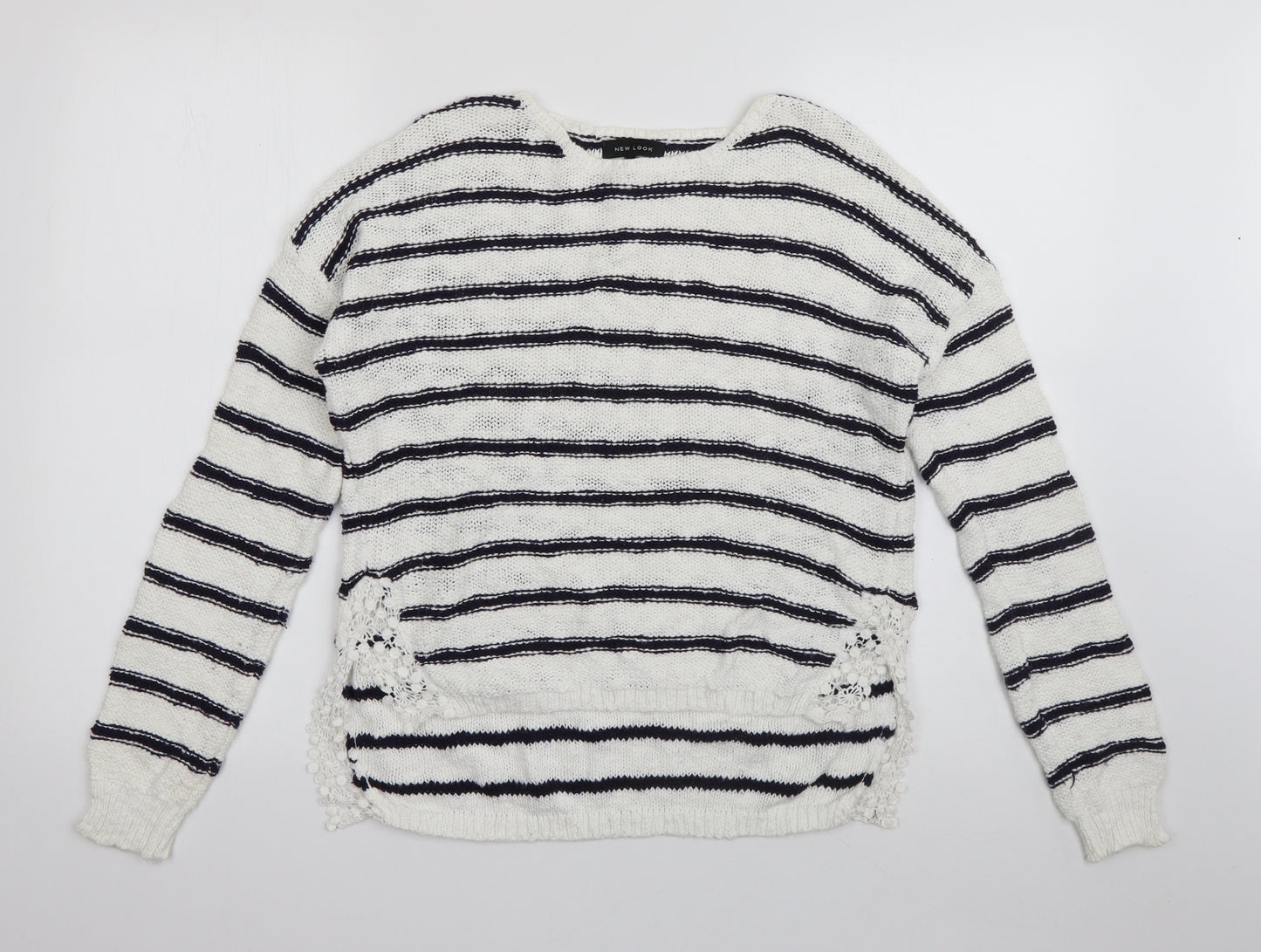 New Look Womens White Round Neck Striped Cotton Pullover Jumper Size 8